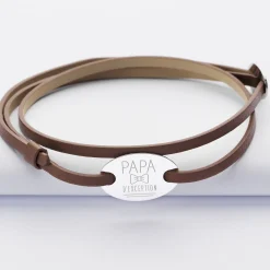 Bracelet homme personnalisé cuir médaille gravée argent ovale 2 trous 25x16 mm