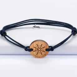 Bracelet homme personnalisé cordon double médaille gravée bois ronde 2 trous 21 mm - Edition spéciale Marin