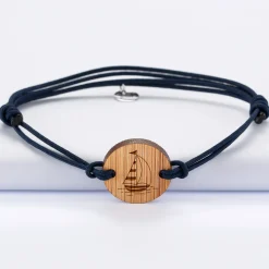 Bracelet homme personnalisé cordon double médaille gravée bois ronde 2 trous 21 mm - Edition spéciale Marin