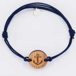 Bracelet homme personnalisé cordon double médaille gravée bois ronde 2 trous 21 mm - Edition spéciale Marin