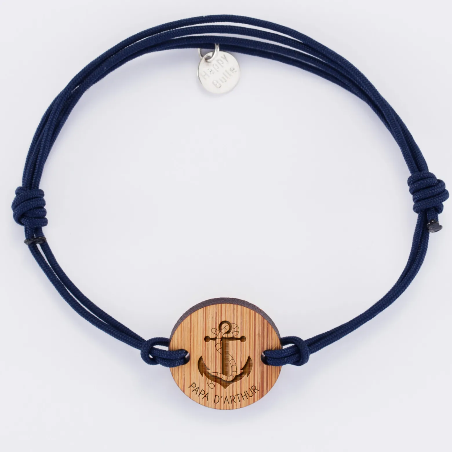 Bracelet homme personnalisé cordon double médaille gravée bois ronde 2 trous 21 mm - Edition spéciale Marin