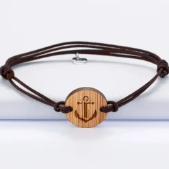 Bracelet homme personnalisé cordon double médaille gravée bois ronde 2 trous 21 mm - Edition spéciale Marin