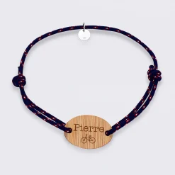Bracelet homme personnalisé cordage marin simple médaille gravée bois ovale 2 trous 25x17 mm