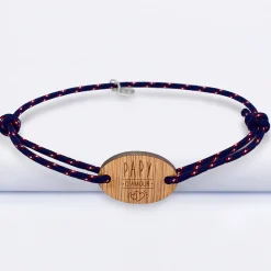 Bracelet homme personnalisé cordage marin simple médaille gravée bois ovale 2 trous 25x17 mm