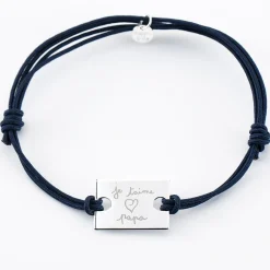 Bracelet homme personnalisé cordon doublé médaille gravée argent rectangle 23x16 mm