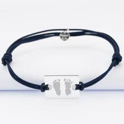 Bracelet homme personnalisé cordon doublé médaille gravée argent rectangle 23x16 mm
