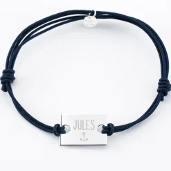 Bracelet homme personnalisé cordon doublé médaille gravée argent rectangle 23x16 mm