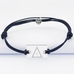 Bracelet homme personnalisé cordon doublé médaille gravée argent rectangle 23x16 mm