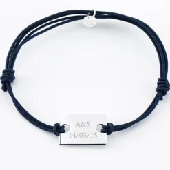 Bracelet homme personnalisé cordon doublé médaille gravée argent rectangle 23x16 mm