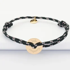 Bracelet homme personnalisé cordage marin simple médaille gravée plaqué or cible 16 mm