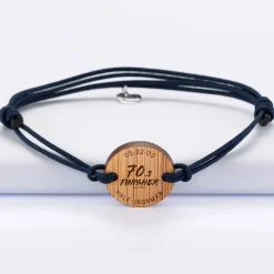 Bracelet homme personnalisé médaille gravée bois ronde 21 mm - Edition spéciale "Finisher running et triathlon"