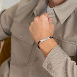 Bracelet homme personnalisé cordon doublé médaille gravée argent plaque 42x8 mm