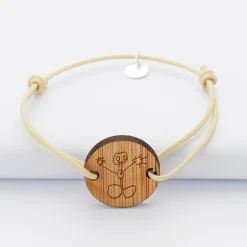 Bracelet homme personnalisé cordon simple médaille gravée bois ronde 2 trous 21 mm