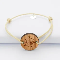 Bracelet homme personnalisé cordon simple médaille gravée bois ronde 2 trous 21 mm