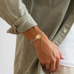Bracelet homme personnalisé cordon marin tressé médaille gravée plaqué or ovale 25x16 mm