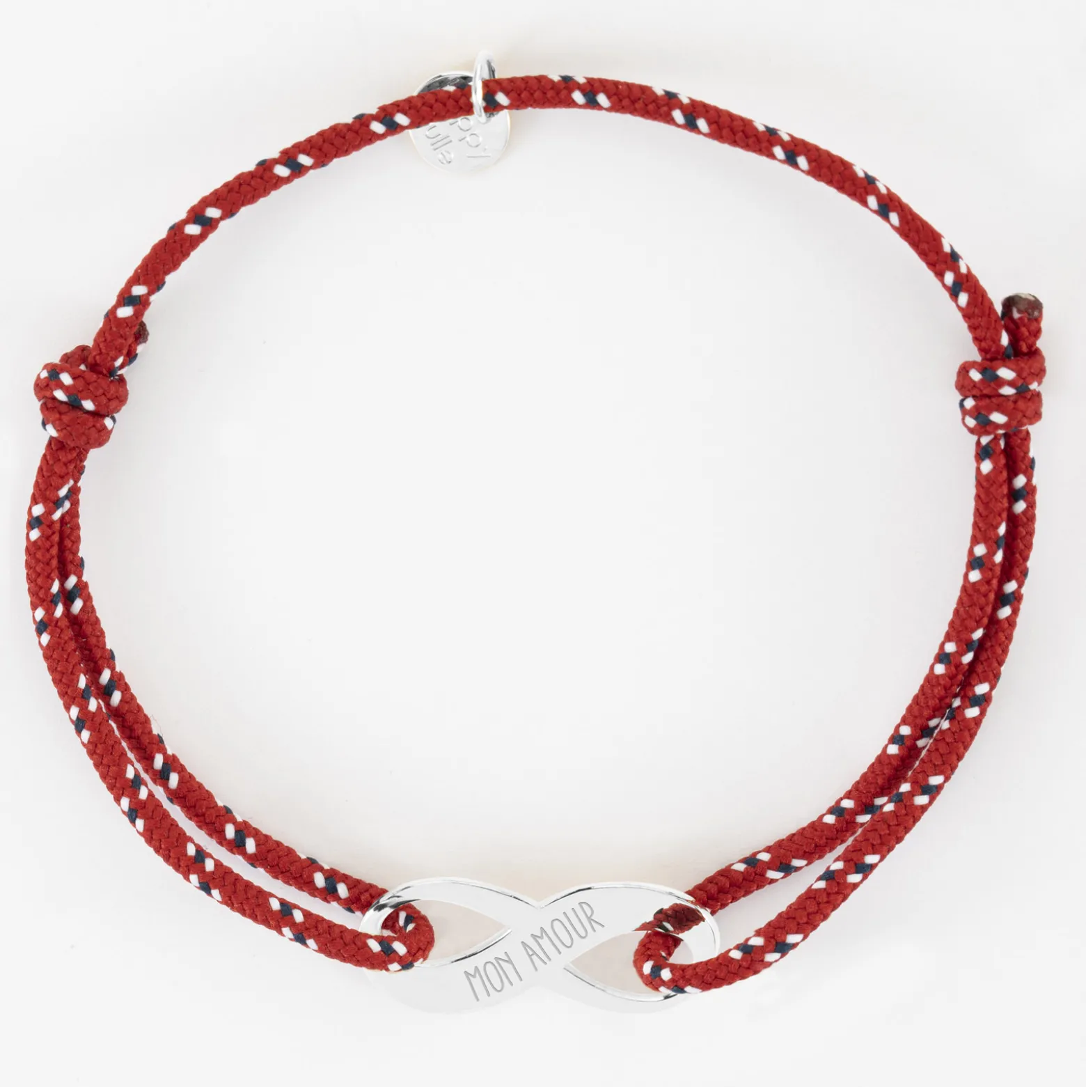 Bracelet infini homme personnalisé cordage marin simple médaille gravée argent 25x10 mm