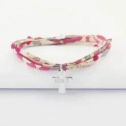 Bracelet Liberty 3 tours personnalisé médaille gravée argent croix 15x13 mm