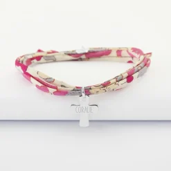 Bracelet Liberty 3 tours personnalisé médaille gravée argent croix 15x13 mm