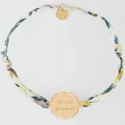 Bracelet Liberty personnalisé médaille contour fleur gravée plaqué or 2 trous 18 mm