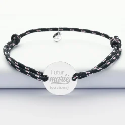 Bracelet Marié personnalisé cordage marin simple médaille gravée argent 2 trous 20 mm