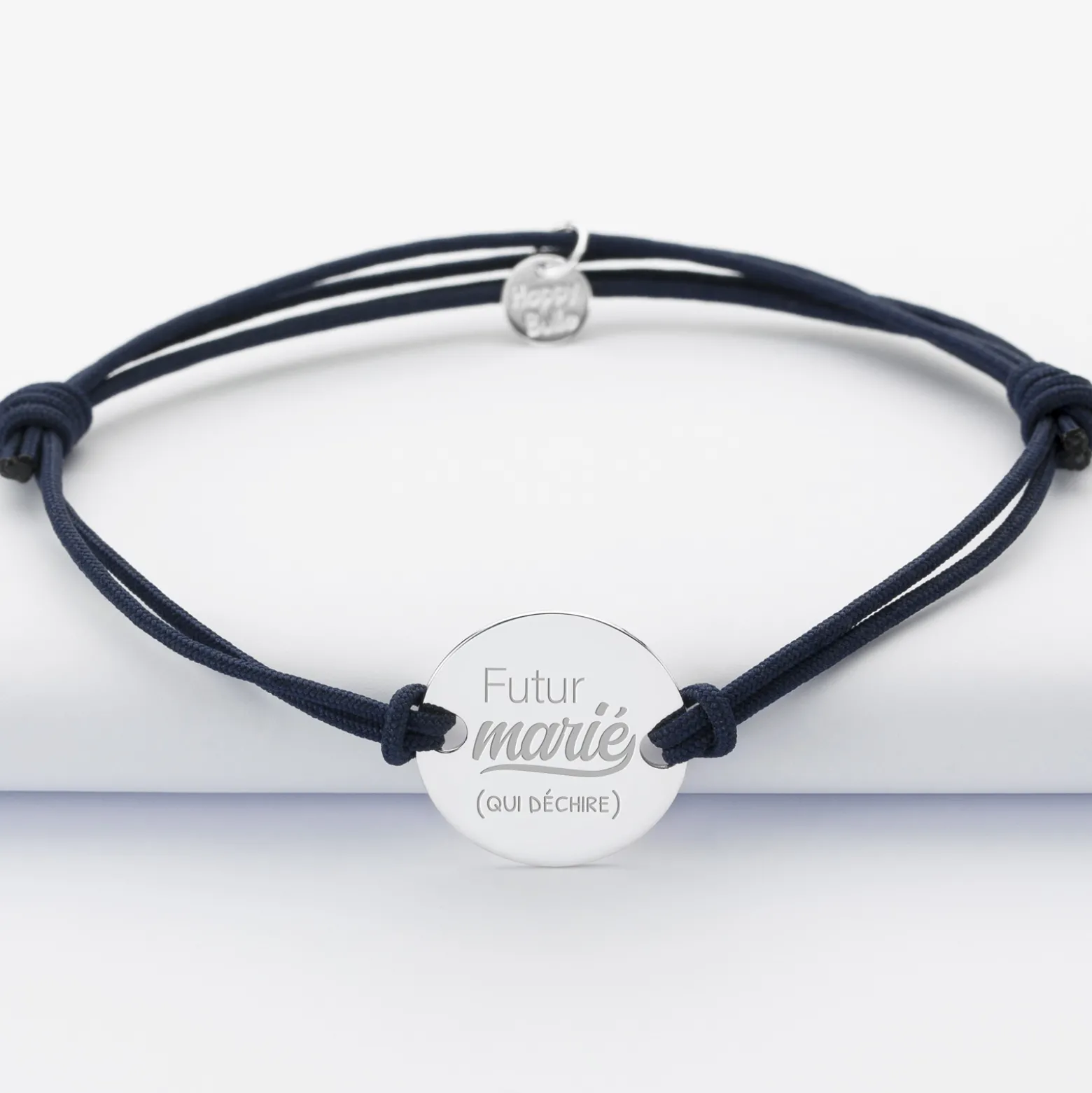 Bracelet Marié personnalisé cordon doublé médaille gravée argent 2 trous 20 mm