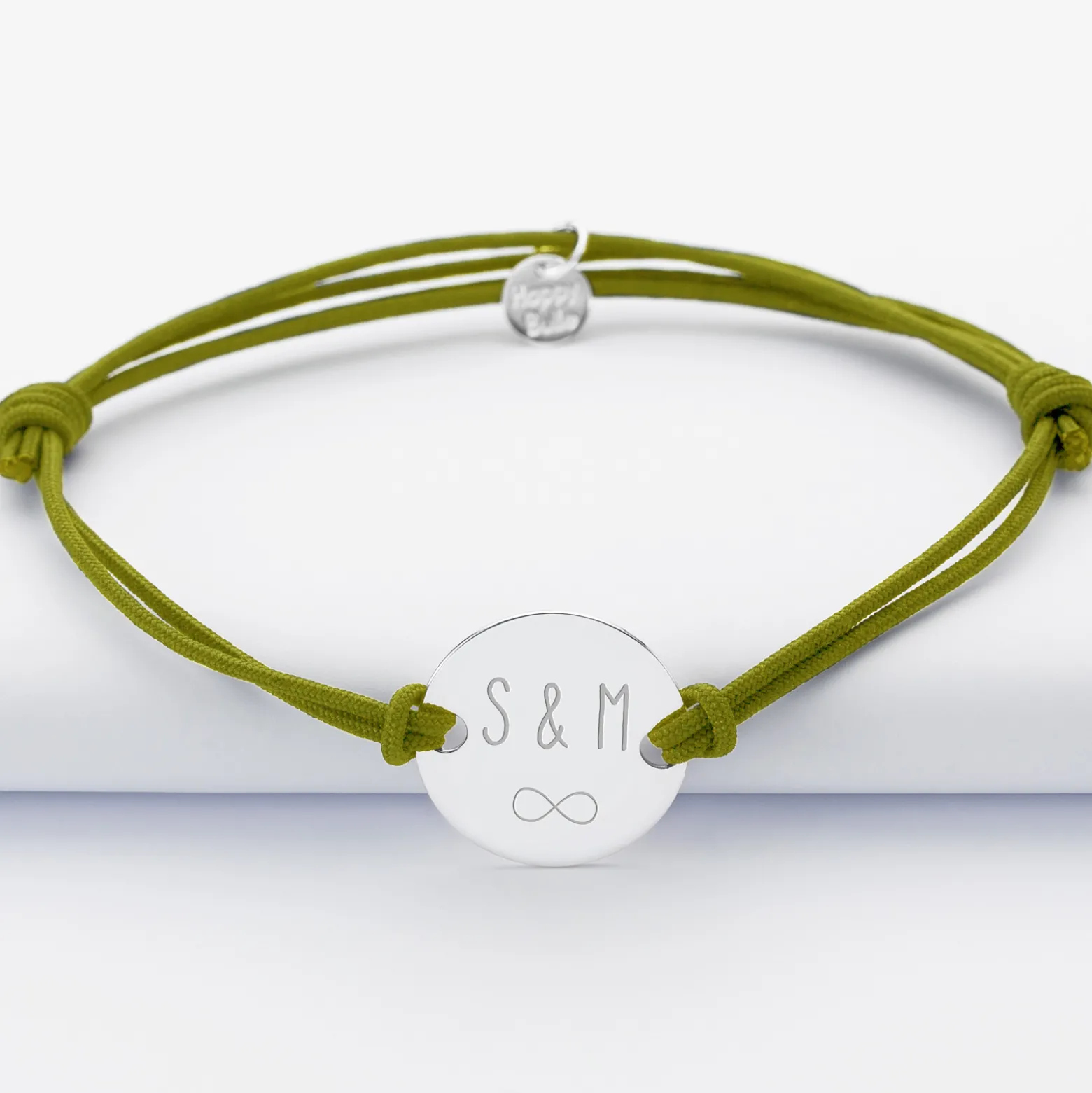 Bracelet Marié personnalisé cordon doublé médaille gravée argent 2 trous 20 mm