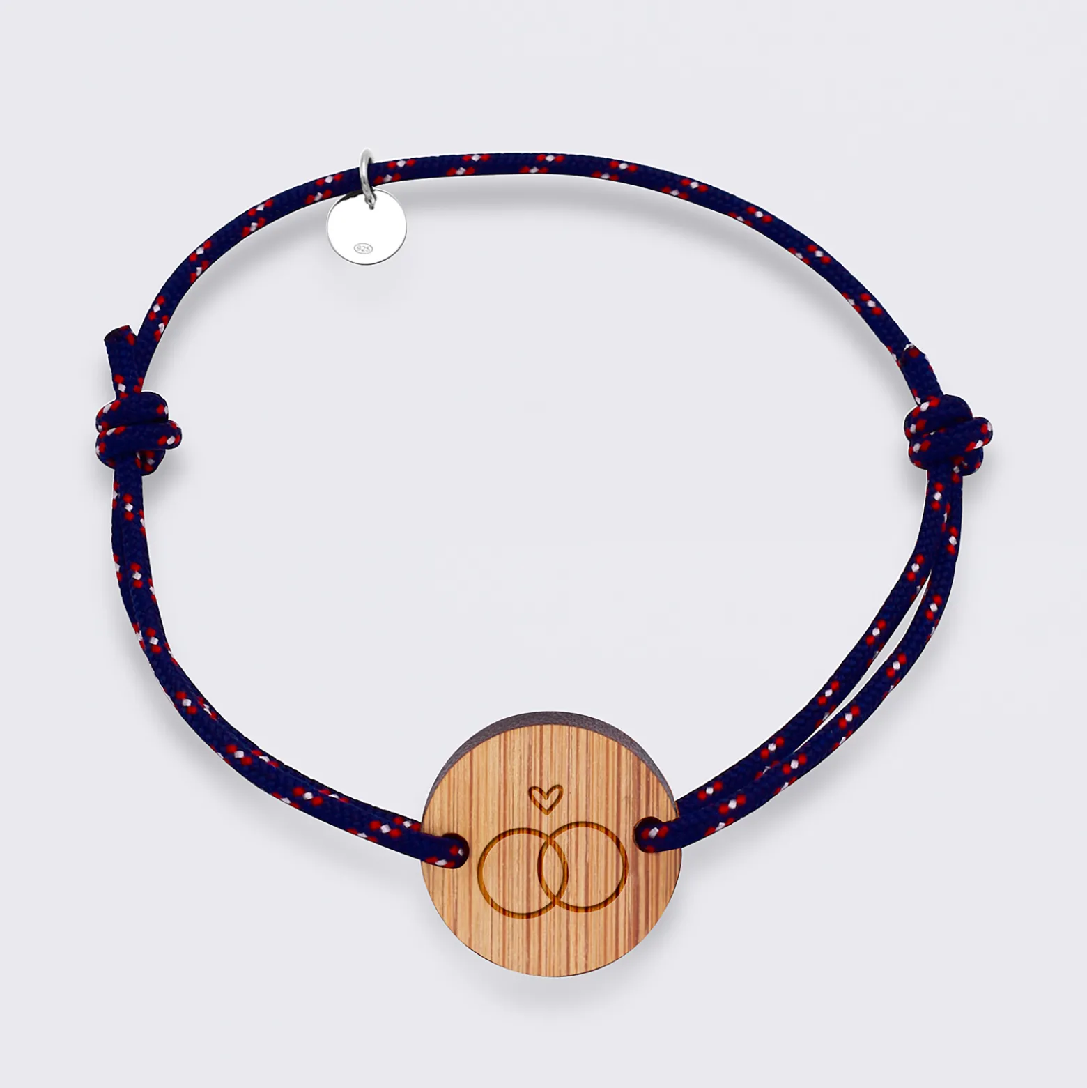 Bracelet Marié personnalisé cordage marin simple médaille gravée bois ronde 2 trous 21 mm