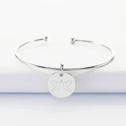 Bracelet Mariée personnalisé jonc ouvert boules argent médaille gravée 15 mm