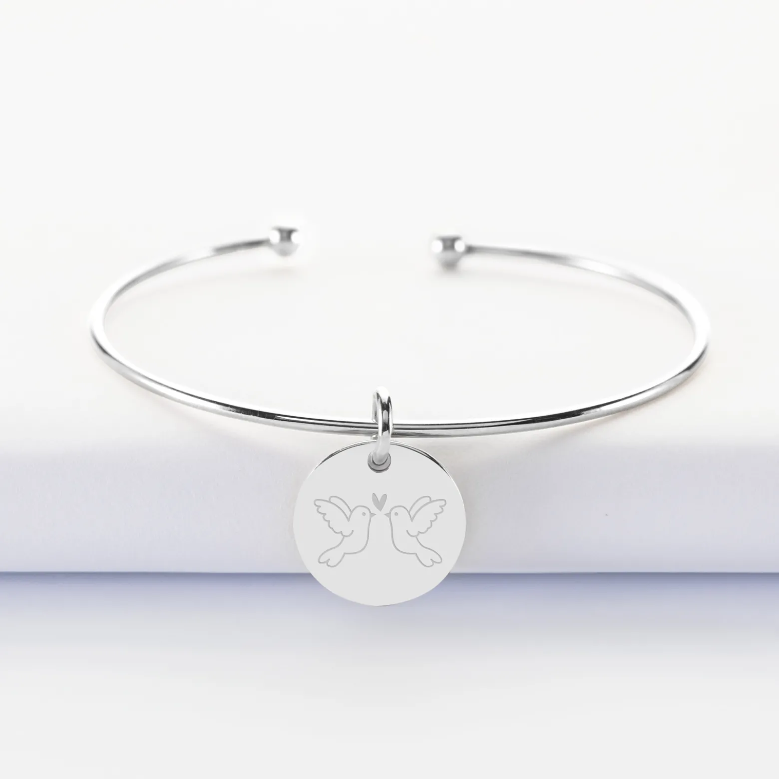 Bracelet Mariée personnalisé jonc ouvert boules argent médaille gravée 15 mm