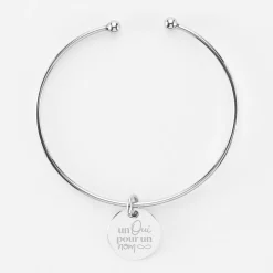 Bracelet Mariée personnalisé jonc ouvert boules argent médaille gravée 15 mm
