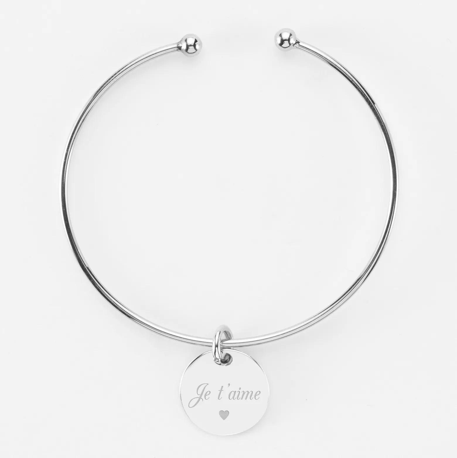 Bracelet Mariée personnalisé jonc ouvert boules argent médaille gravée 15 mm