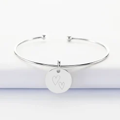 Bracelet Mariée personnalisé jonc ouvert boules argent médaille gravée 15 mm