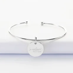 Bracelet Mariée personnalisé jonc ouvert boules argent médaille gravée 15 mm