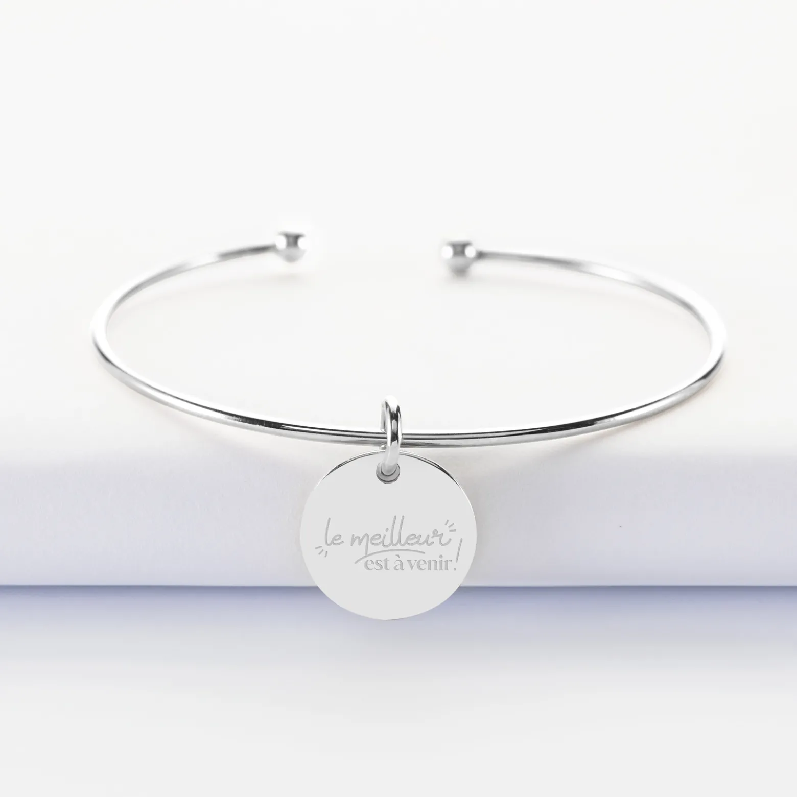 Bracelet Mariée personnalisé jonc ouvert boules argent médaille gravée 15 mm