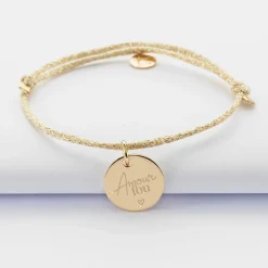 Bracelet Mariée personnalisé cordon pailleté médaille gravée plaqué or 15 mm