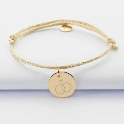 Bracelet Mariée personnalisé cordon pailleté médaille gravée plaqué or 15 mm