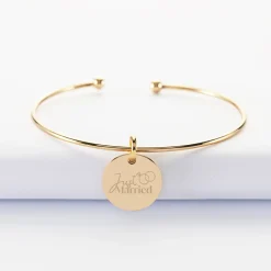 Bracelet Mariée personnalisé jonc ouvert boules plaqué or médaille gravée 15 mm