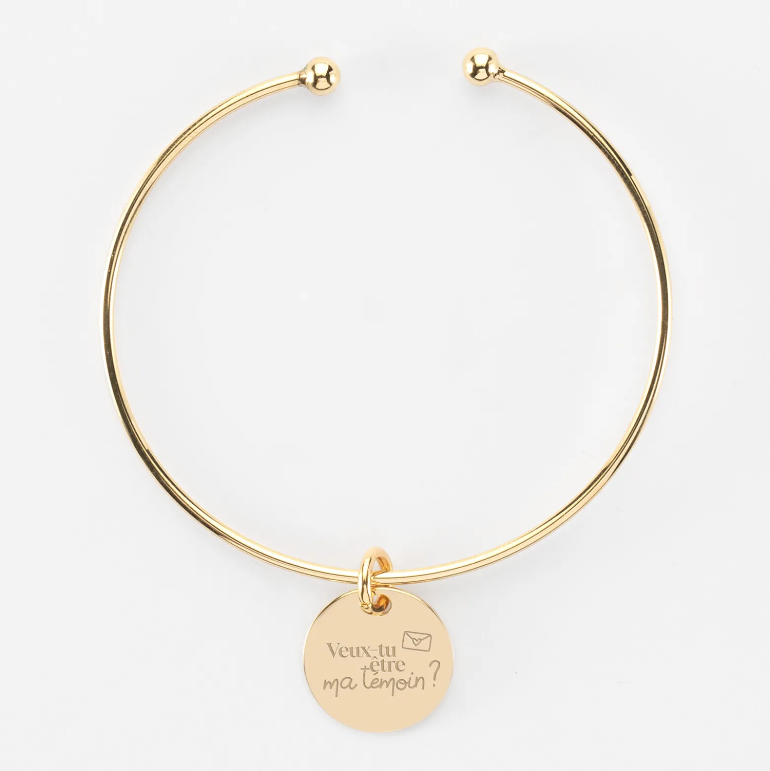 Bracelet Mariée personnalisé jonc ouvert boules plaqué or médaille gravée 15 mm