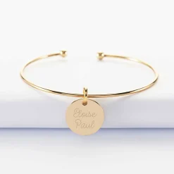 Bracelet Mariée personnalisé jonc ouvert boules plaqué or médaille gravée 15 mm