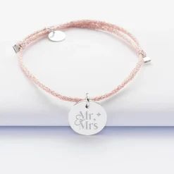 Bracelet Mariée personnalisé cordon pailleté médaille gravée argent 15 mm
