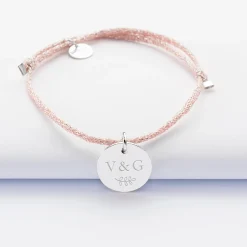 Bracelet Mariée personnalisé cordon pailleté médaille gravée argent 15 mm
