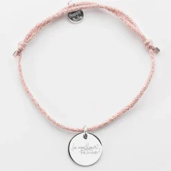 Bracelet Mariée personnalisé cordon pailleté médaille gravée argent 15 mm
