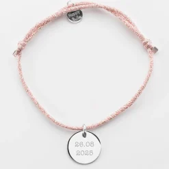 Bracelet Mariée personnalisé cordon pailleté médaille gravée argent 15 mm