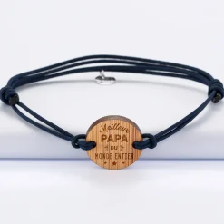 Bracelet Meilleur papa cordon doublé médaille gravée bois ronde 2 trous 21 mm