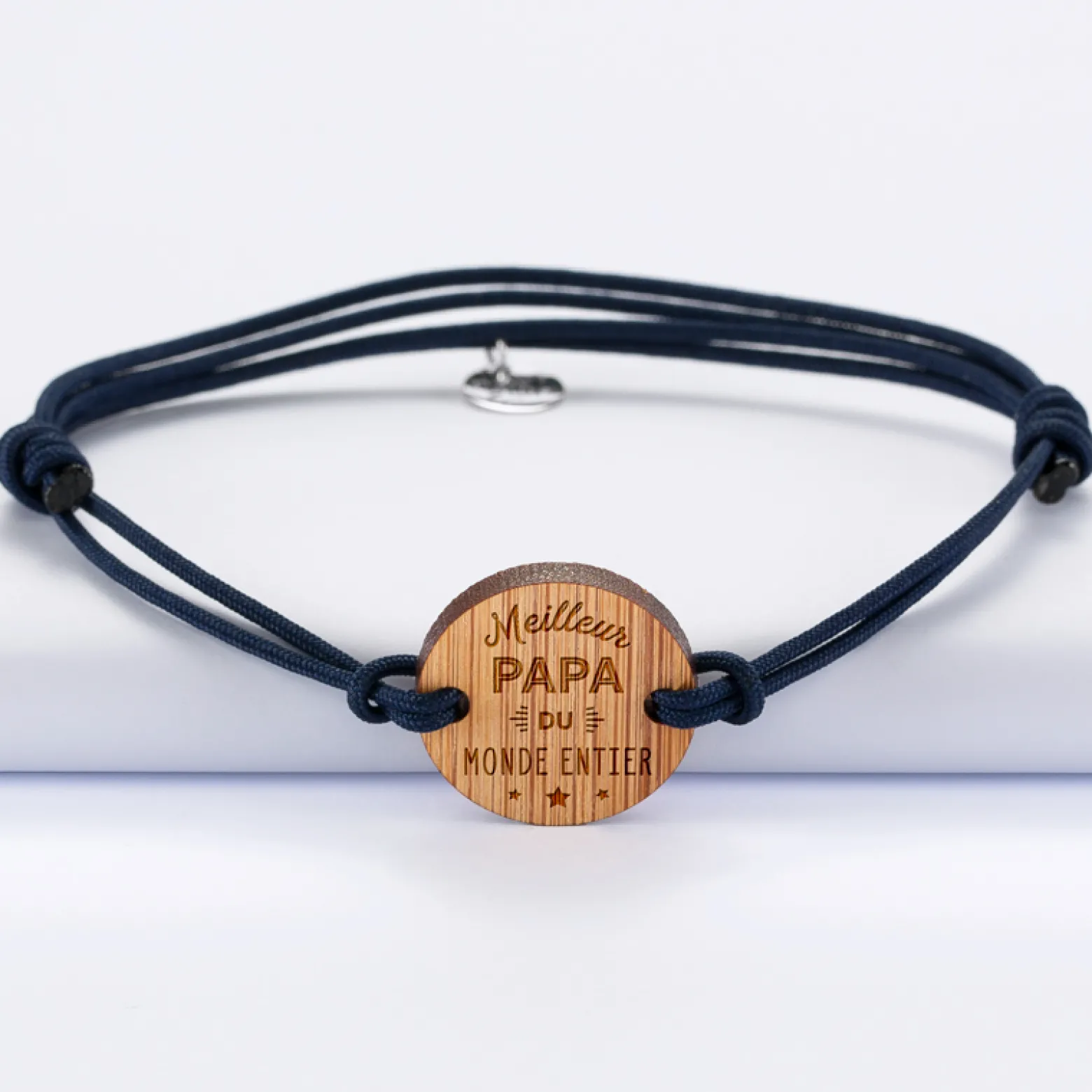 Bracelet Meilleur papa cordon doublé médaille gravée bois ronde 2 trous 21 mm