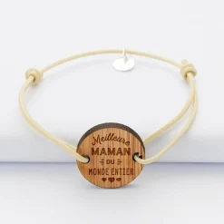 Bracelet Meilleure maman médaille gravée bois ronde 2 trous 21 mm