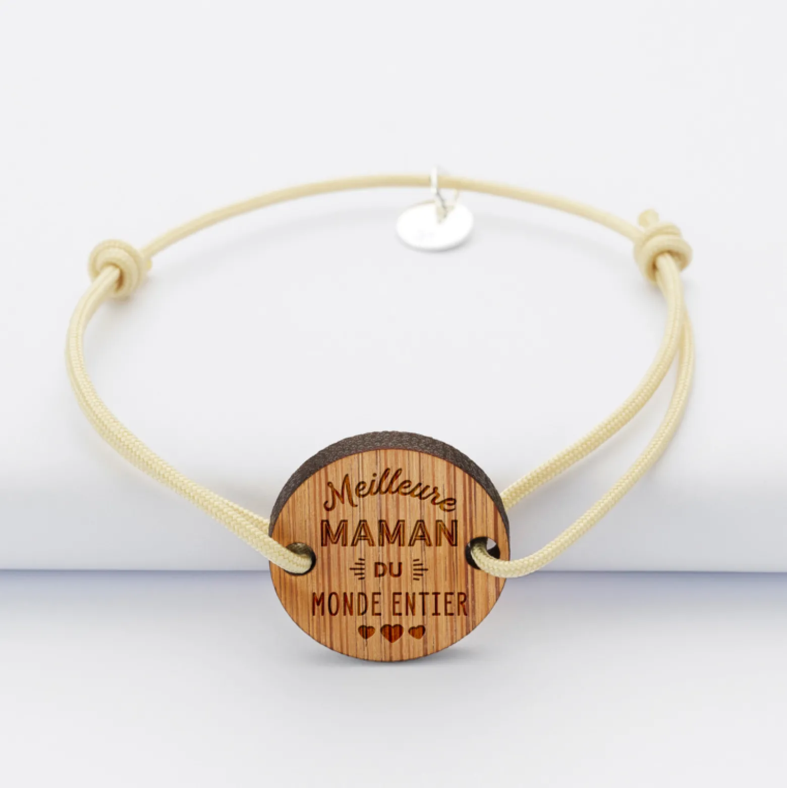 Bracelet Meilleure maman médaille gravée bois ronde 2 trous 21 mm