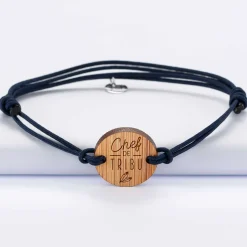 Bracelet papa homme médaille gravée bois ronde 21 mm - Edition spéciale "Chef de tribu"