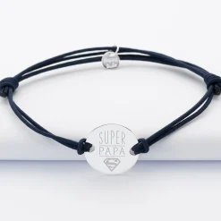 Bracelet Papa personnalisé cordon doublé médaille gravée argent 2 trous 20 mm
