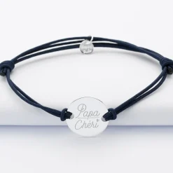Bracelet Papa personnalisé cordon doublé médaille gravée argent 2 trous 20 mm